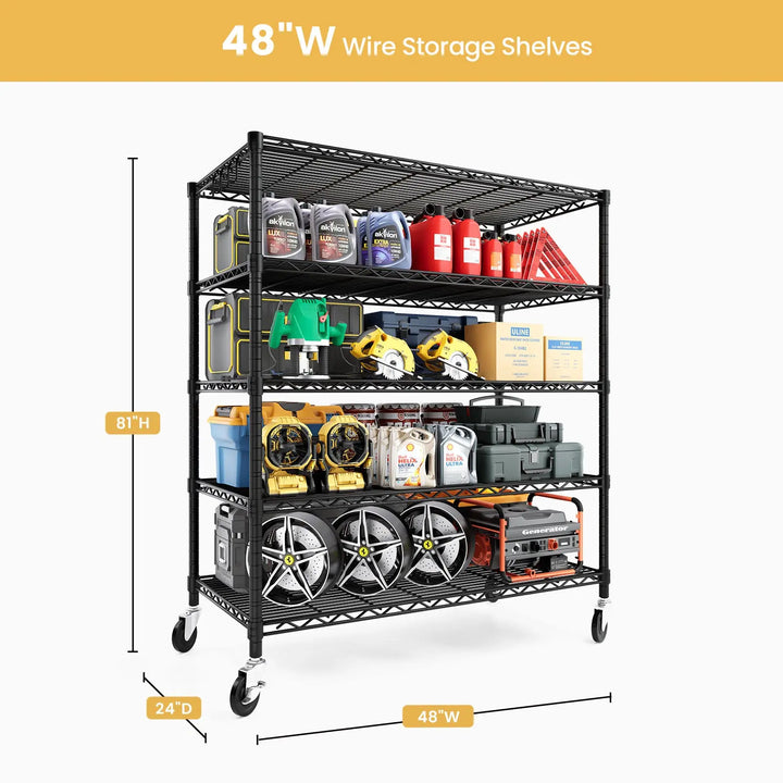 PrimeZone 48"W 3000LBS Heavy Duty Wire Shelving with Wheels, Black 