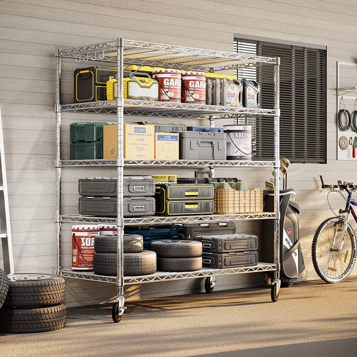 PrimeZone 48"W 3000LBS Heavy Duty Wire Shelving with Wheels, Slivery 