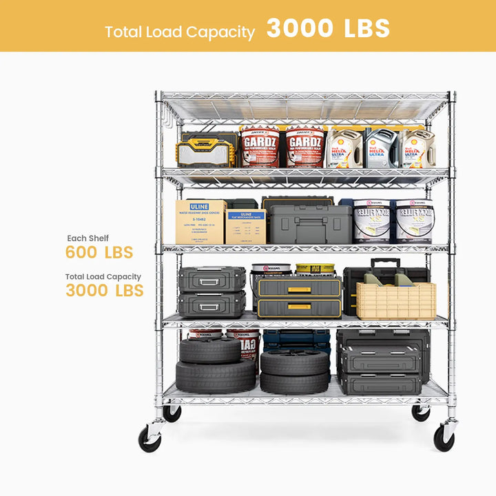 PrimeZone 48"W 3000LBS Heavy Duty Wire Shelving with Wheels, Slivery 