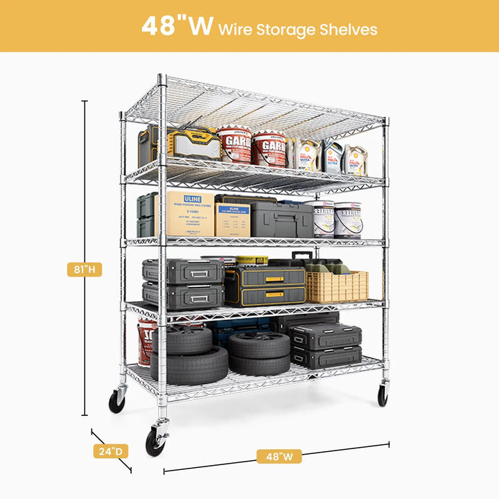 PrimeZone 48"W 3000LBS Heavy Duty Wire Shelving with Wheels, Slivery 