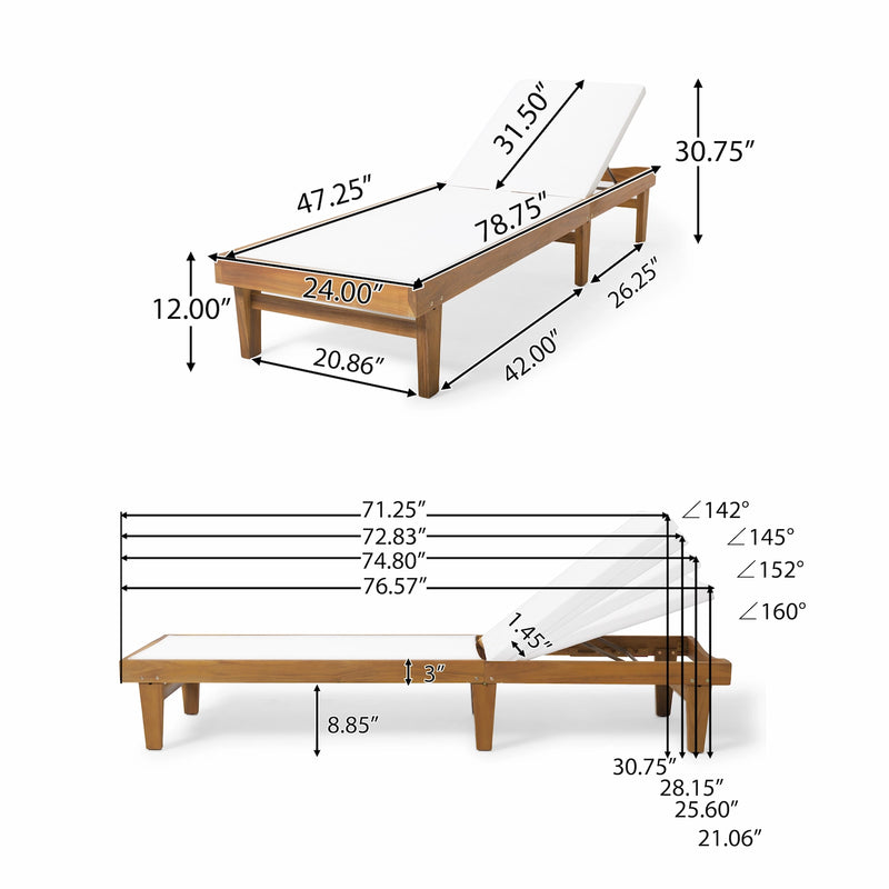 Adjustable Outdoor Chaise Lounge, Acacia Wood Teak Patio Chair Size Guide