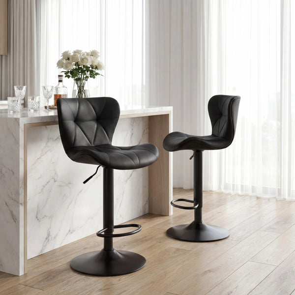 PrimeZone Modern Faux Leather Adjustable Bar Stools Set of 2, Black Quilted Swivel Chairs