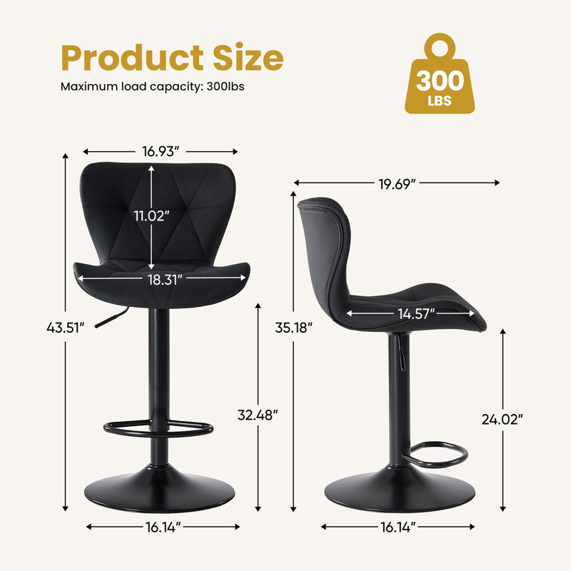 PrimeZone Modern Faux Leather Adjustable Bar Stools Set of 2, Black Quilted Swivel Chairs Size Guide