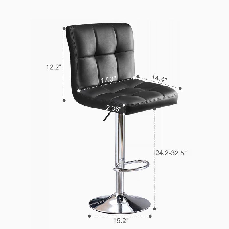 PrimeZone Modern Black Bar Stools Set of 2, Square Quilted Adjustable Swivel Chairs Size Guide