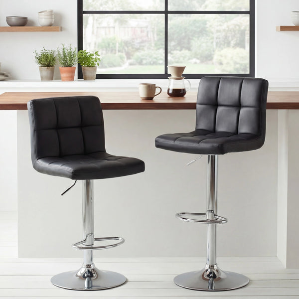 PrimeZone Modern Black Bar Stools Set of 2, Square Quilted Adjustable Swivel Chairs