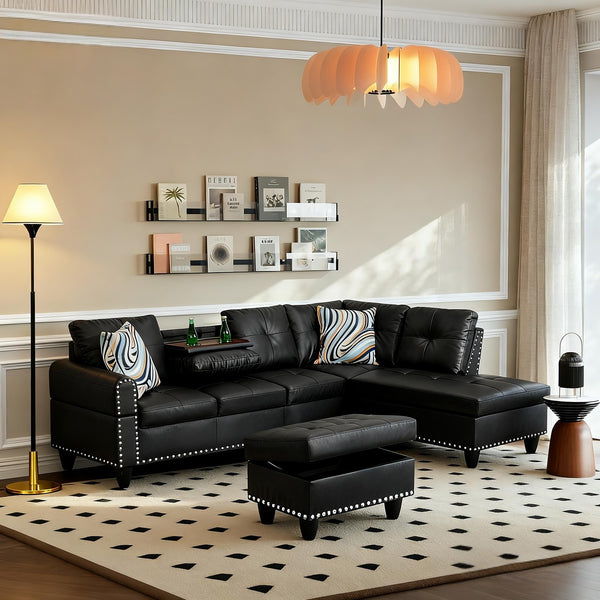 L-Shaped Modern Black Faux Leather 4-Seater Sectional Sofa with Right Chaise & Ottoman