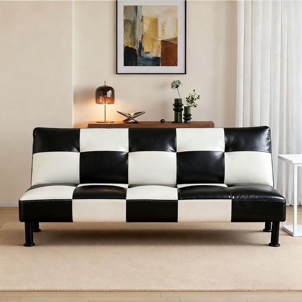 33''W Faux Leather Convertible Futon Sofa Bed，Adjustable Sleeper Sofa， Black and White