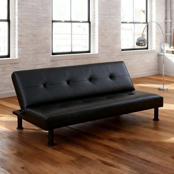 Modern Black Faux Leather Adjustable Sleeper Sofa，Convertible Futon Sofa Bed