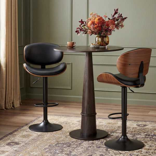 Primezone Mid-Century Swivel Bar Stools Set of 2, Adjustable Walnut & Leather Counter Chairs