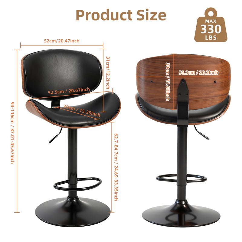 Primezone Mid-Century Swivel Bar Stools Set of 2, Adjustable Walnut & Leather Counter Chairs Size Guide
