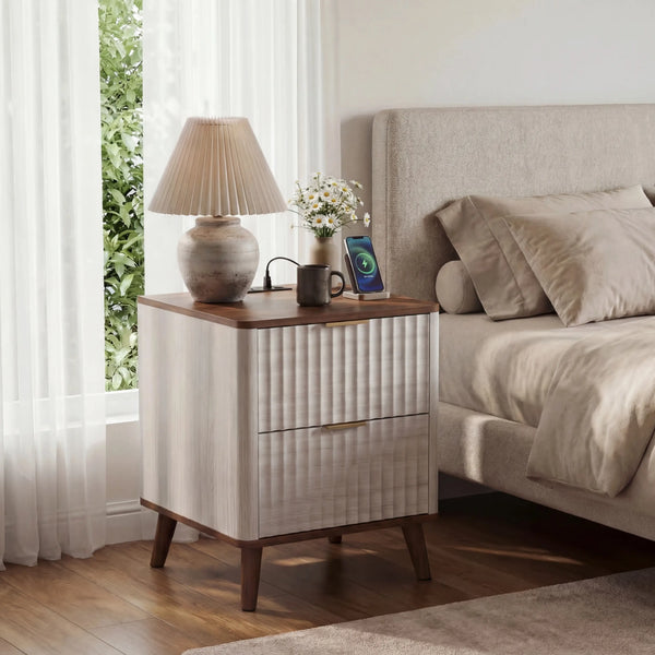 Nightstand with USB Ports & Outlets, Beige Fluted End Table, 2 Pcs