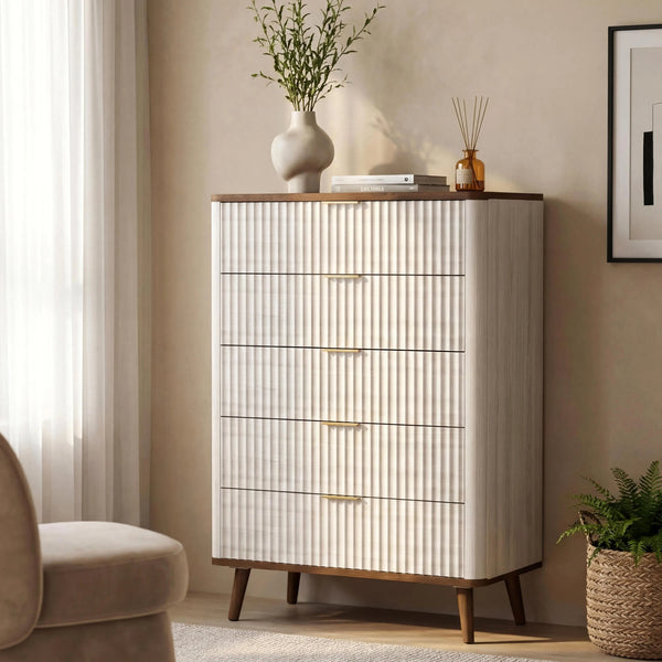 PrimeZone Fluted 5-Drawer Dresser Beige & Walnut, Mid-Century Modern Tallboy
