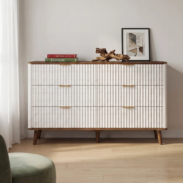 Fluted 6-Drawer Double Dresser White & Walnut, Bedroom Storage
