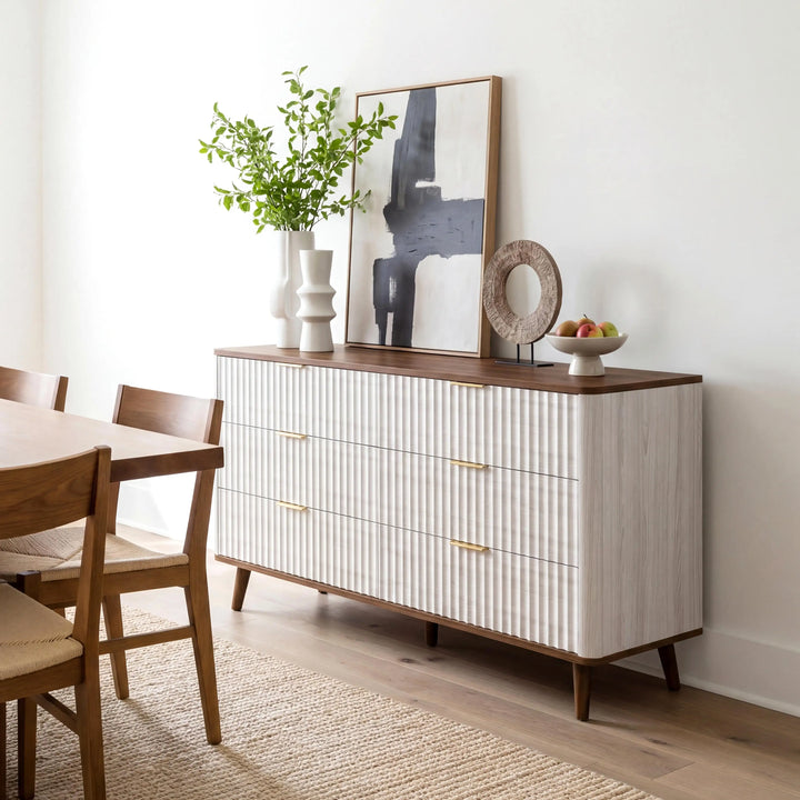 Mid-Century Modern Fluted 6-Drawer Double Dresser White & Walnut, Bedroom  Storage – PrimeZone