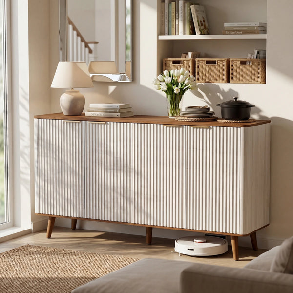 PrimeZone Mid-Century Modern Fluted Sideboard, White & Walnut Credenza Cabinet