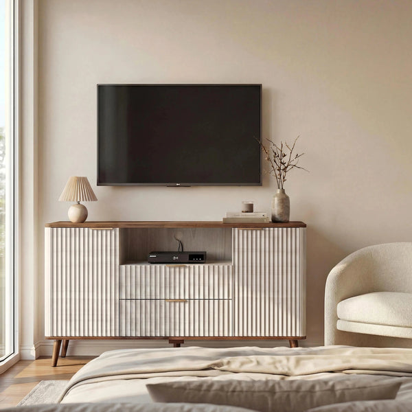 Fluted TV Stand Fits up to 65'' TVs , Mid-Century Modern Media Console with LED