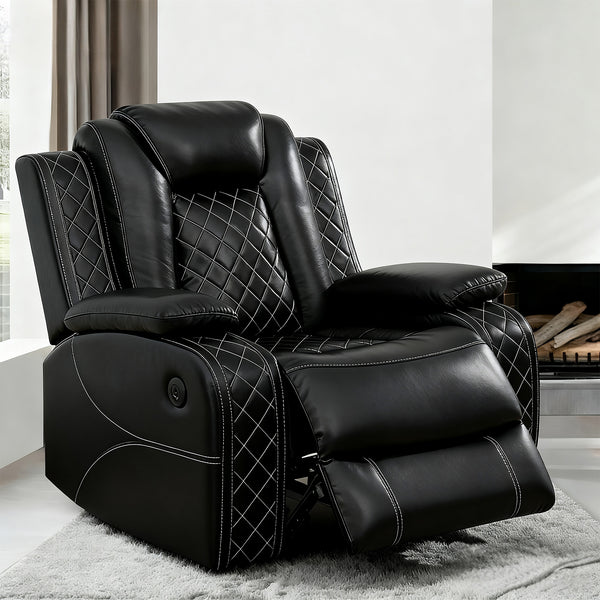 Modern Black Air Leather Power Recliner with USB Port