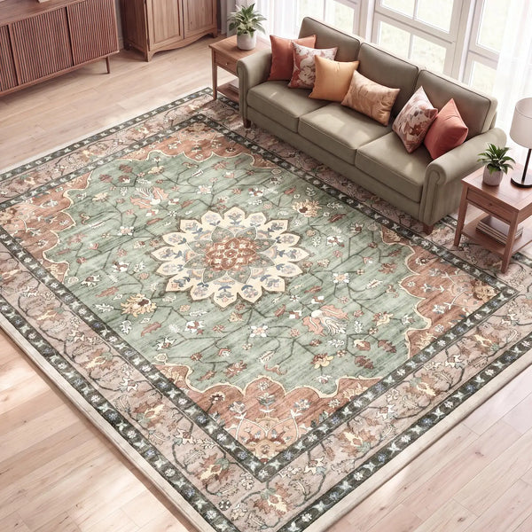 PrimeZone 8x10' Vintage Floral Rug, Machine Washable Low Pile Rug