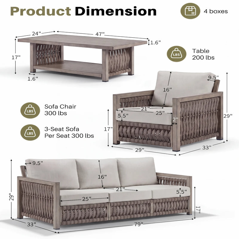 Aluminum 4-Piece Rope Woven Patio Furniture Set  with Washable Cushions Size Guide