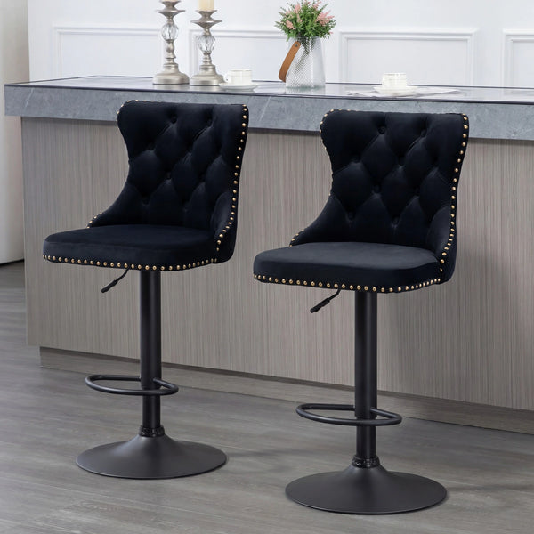 PrimeZone Black Velvet  Swivel Chairs with Gold Trim, Adjustable Bar Stools Set of 2