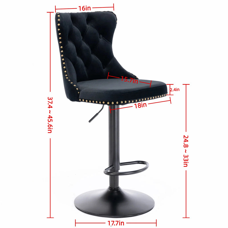 PrimeZone Black Velvet  Swivel Chairs with Gold Trim, Adjustable Bar Stools Set of 2 Size Guide