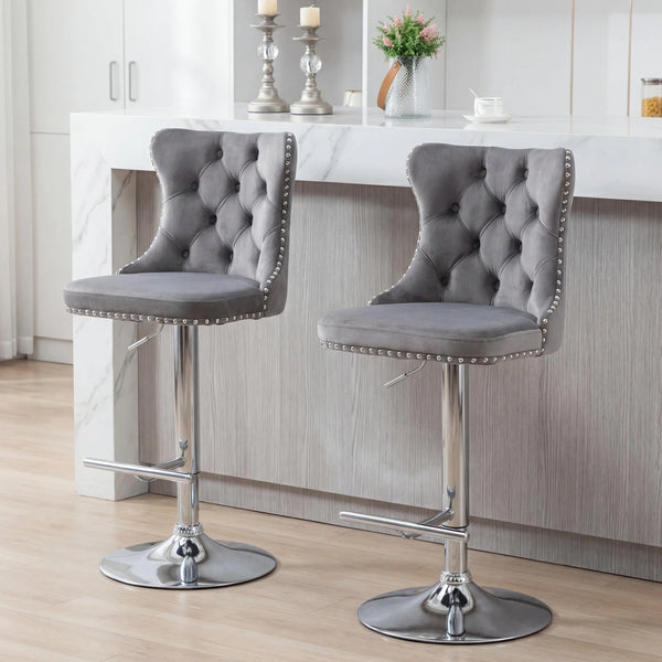 PrimeZone Grey Velvet Adjustable Tufted Bar Stools with Nailhead Trim, Set of 2