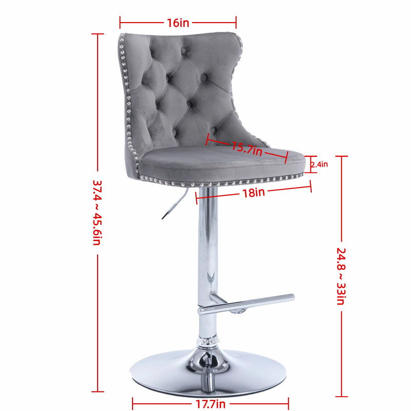 PrimeZone Grey Velvet Adjustable Tufted Bar Stools with Nailhead Trim, Set of 2 Size Guide