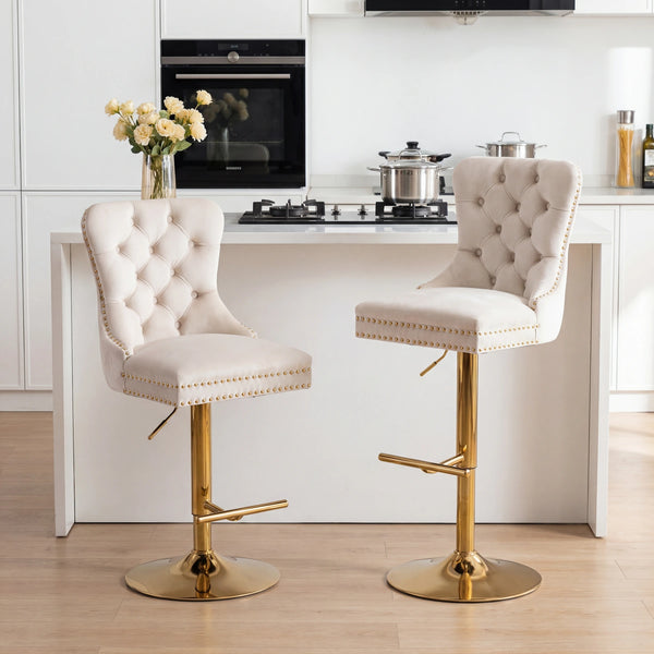 PrimeZone Beige Tufted Adjustable Velvet Bar Stools 27-35'', Set of 2