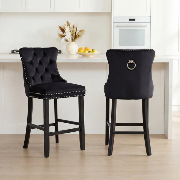 PrimeZone 26'' Black Modern Velvet Counter Stools with Chrome Nailhead Trim