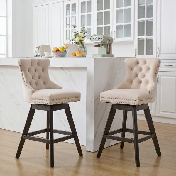PrimeZone 26'' Beige Velvet Swivel Counter Height Stools with Button Tufting (Set of 2)