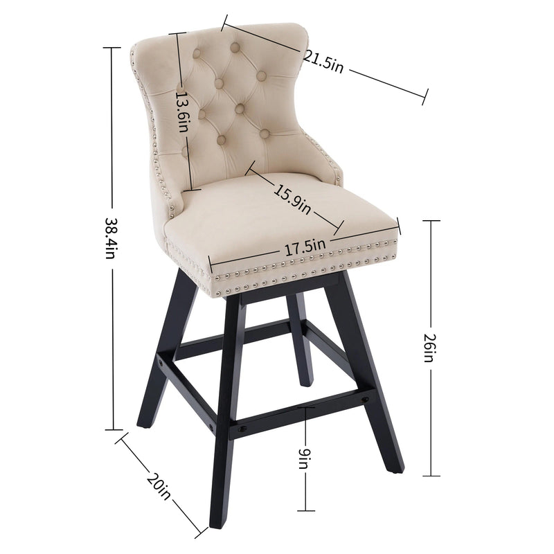 PrimeZone 26'' Beige Velvet Swivel Counter Height Stools with Button Tufting (Set of 2) Size Guide