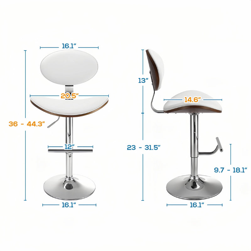 Modern Swivel Bar Stools Set of 2, Adjustable Walnut & Leather Counter Chairs Size Guide