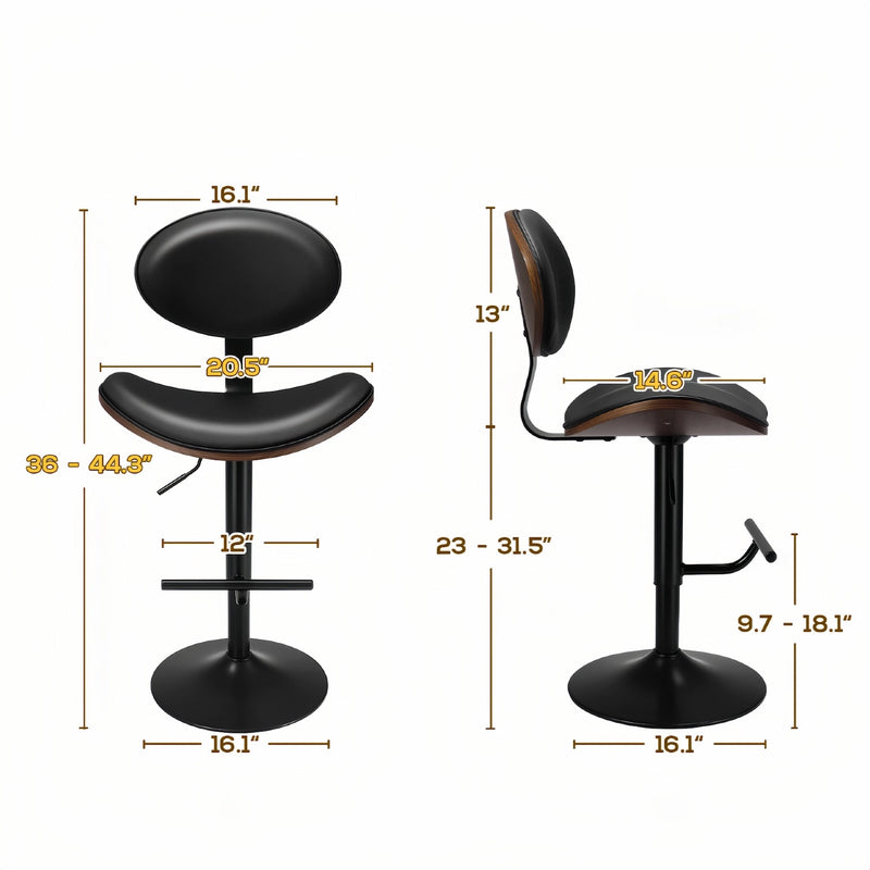 Swivel Kitchen Bar Stools Set of 2, Adjustable Walnut & Leather Counter Chairs Size Guide